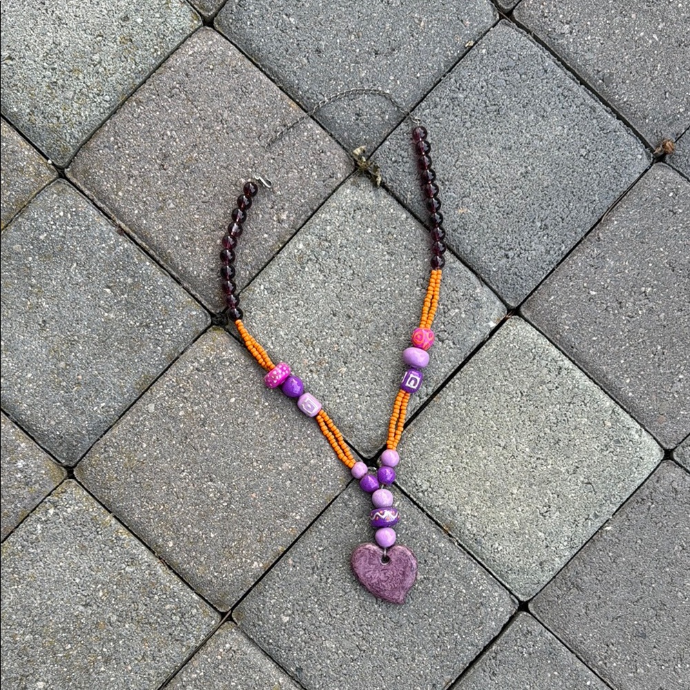 Purple Heart and Orange Bead Necklace